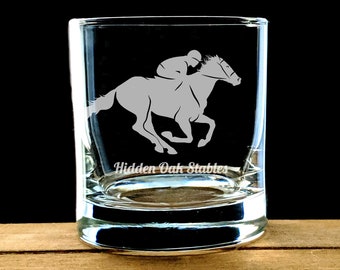 Horse racing whiskey glass, personalized racehorse rocks glass, engraved equestrian gift