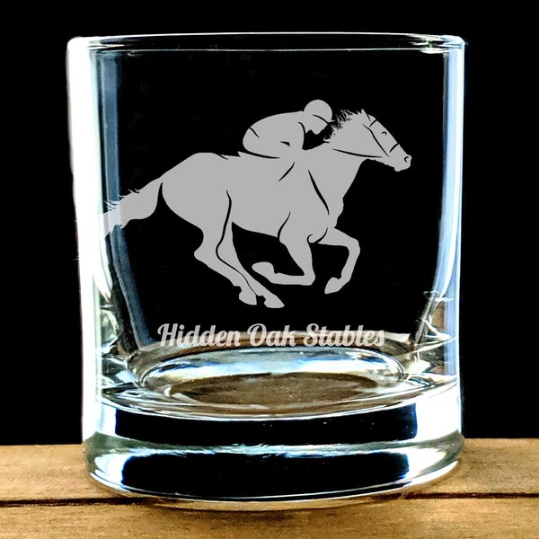 Horse racing whiskey glass, personalized racehorse rocks glass, engraved equestrian gift