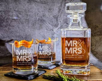Wedding gift whiskey decanter and glasses