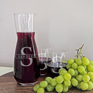 Wine Decanter Set, engraved monogram wine carafe and glasses