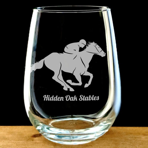 horse racing wine glass, personalized racehorse engraved stemless glass, equestrian gift