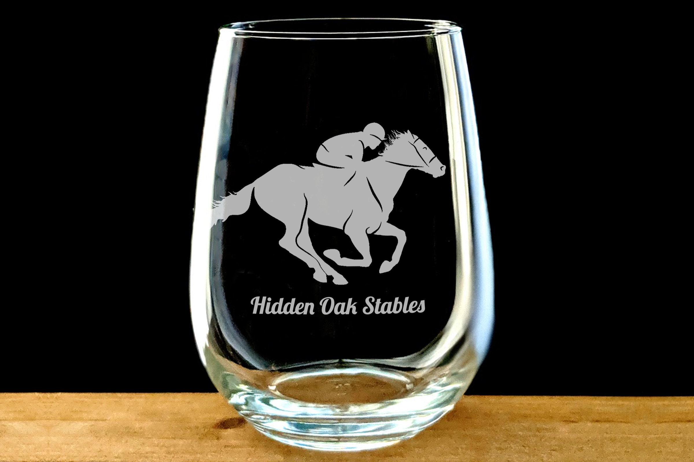 horse racing wine glass, personalized racehorse engraved stemless glass, equestrian gift