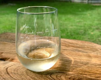 Handwriting engraved on wine glass, whiskey glass, pint