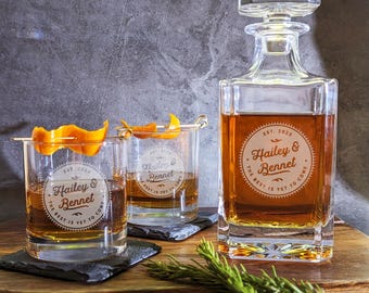 Wedding gift whiskey decanter and glasses, Personalized monogram for couple
