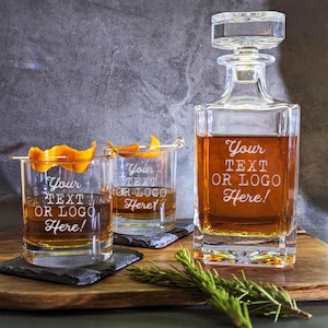 Custom Whiskey Decanter + Glasses Set - Your Own Design - Gift for Him - Hand Engraved - Corporate Logo Gift