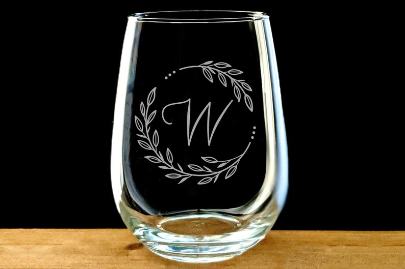 Monogram Engraved Wine Glass Floral Letter Stemless Initial Etsy