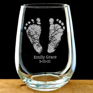Engraved Baby Footprints Glass, Father's Day Gift, Handprint Whiskey Glass, Wine Glass, Pint Glass, Coffee Mug Stemless Wine Glass