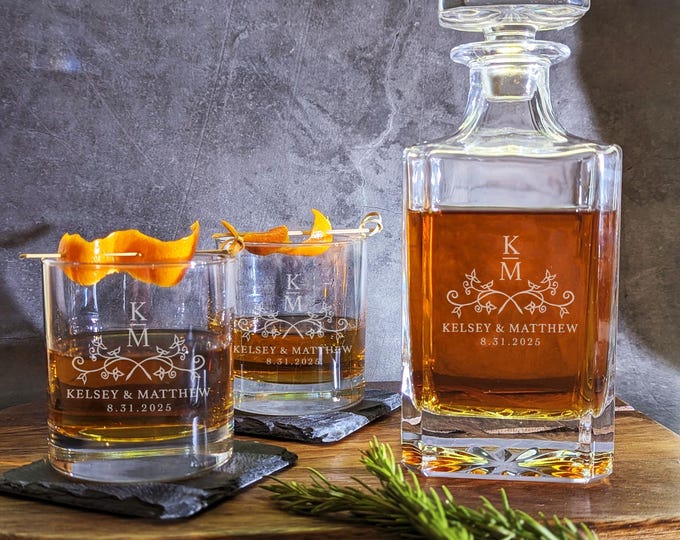 Wedding gift whiskey decanter and glasses, Personalized monogram for couple