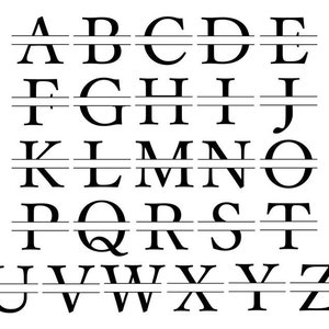 May include: Black and white alphabet letters with a horizontal line through the middle of each letter.