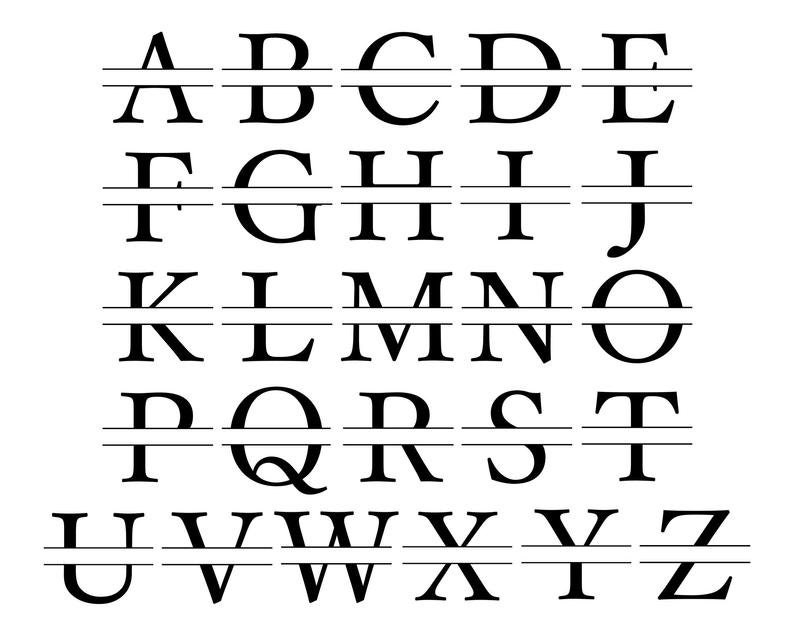 May include: Black and white alphabet letters with a horizontal line through the middle of each letter.