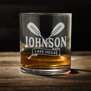 Lake House Rocks Glass - Personalized Lake House Gifts - Engraved Whiskey Housewarming Gift