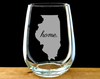 Etched Illinois Stemless Wine Glass: State Gift, Housewarming