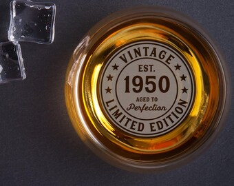 Custom 75th birthday whiskey glass - Vintage 1950 personalized rocks glass