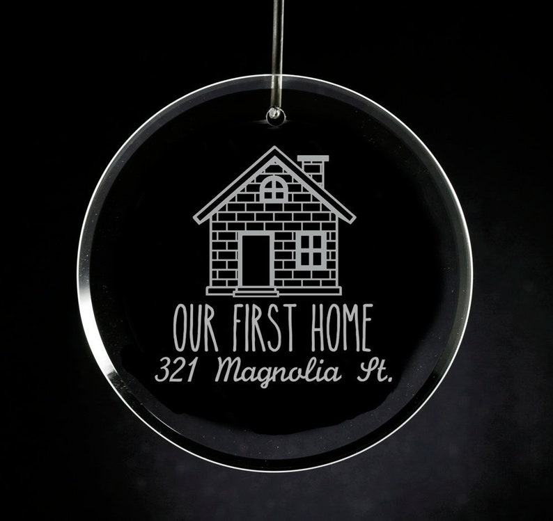 Engraved Glass First Home Ornament, Personalized Housewarming Gift Bild 1