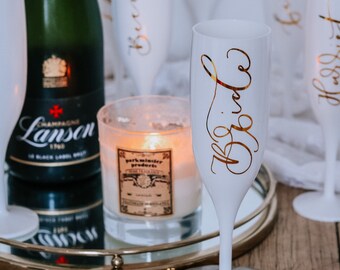 Personalised White Champagne Flutes, Personalised Prosecco Flutes, Hen Party Glasses