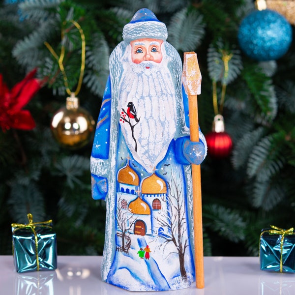 Wooden Hand Carved Santa Claus figurine 8", handmade home Christmas Holiday decor, funny Christmas gift made in Ukraine