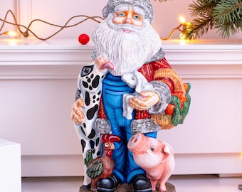 Figura de Papá Noel ranchero de madera tallada a mano: decoración navideña de 35 cm