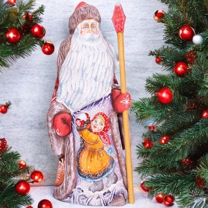 Folk Art Wooden Santa Claus figurine 9&quot;, Handmade Christmas Holiday Home Decoration indoor, Hand painted Christmas gift
