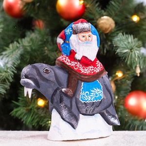 Hand Carved Wooden Santa Claus on Walrus - Christmas Figurine