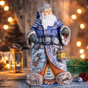 Hand Carved Santa Figurine: Wooden Christmas Mantel Decor, Signed Art