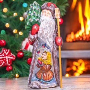 Christmas Santa Figurine with Tree – Hand Painted Solid Wood – Signed Collectible with Girl and Bullfinches – Festive Holiday Home Decor