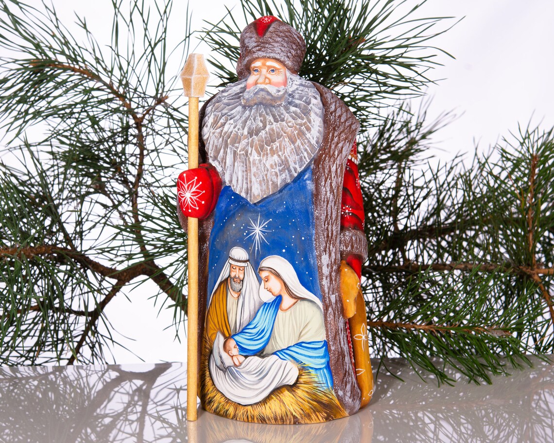 Escena de la natividad figura de Papá Noel tallada a mano | Etsy
