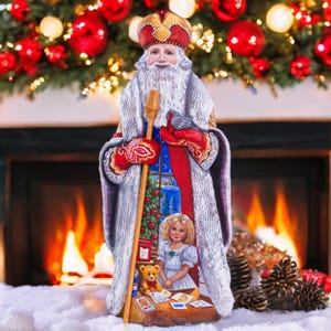 Old World Christmas Santa, Wooden Figurine with Staff and Painted Girl Scene, Bullfinch in Hand, 12.9 Inch Holiday Decor, Signed and Stamped
