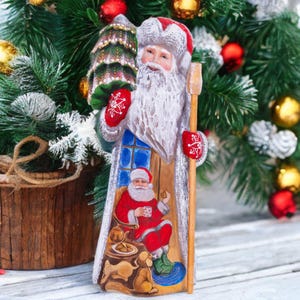Wooden Carved Santa Claus figurine 10&quot;, handmade home Christmas Holiday decor indoor, funny Christmas gift idea made in Ukraine