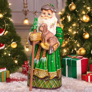 Santa with Dog Figurine 9&quot;, Green Coat, Hand Painted Wood