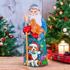 Wooden Hand Carved Vintage Santa Claus figurine with dog 9&quot;, handmade Christmas home decoration, funny Christmas gift ideas