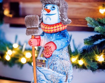 Hand Carved Wooden Snowman Figurine: Artist Painted Winter Cottage Decor