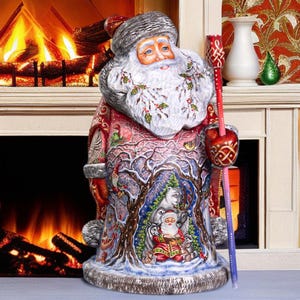 Hand Carved Wooden Santa Figurine 14&quot;, Elves & Woodland Animals