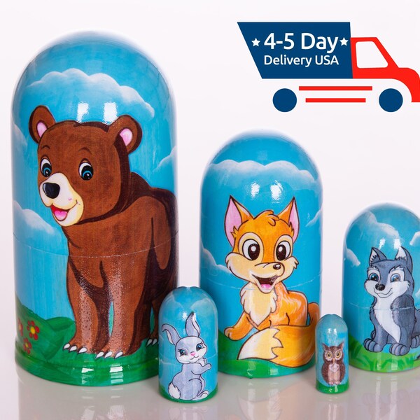 Funny gift Kids Room Decor animal art 4", handmade home decor nesting dolls made in Ukraine