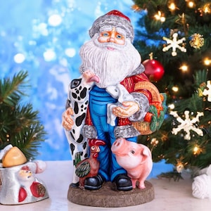 Wooden Hand Carved Rancher Santa Claus figurine 14&quot;, handmade Christmas home decoration, funny Christmas gift ideas