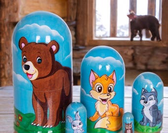 Hand Painted Woodland Animal Nesting Dolls: Montessori Stacking Toy