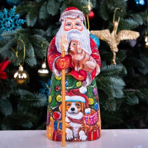 Wooden Hand Carved Santa Claus figurine with dog 9&quot;, handmade Christmas home decor indoor, Hand Painted funny Christmas gift idea