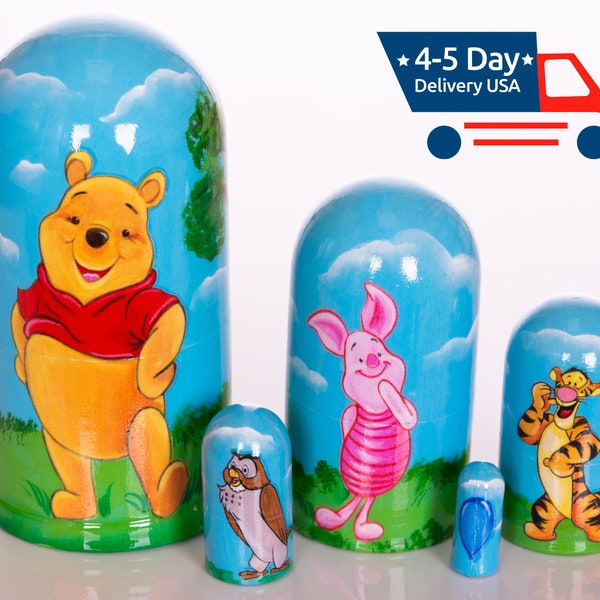 Wooden baby toys Winnie the Pooh Nesting Dolls 4", handmade home Kids Room Decor made in Ukraine