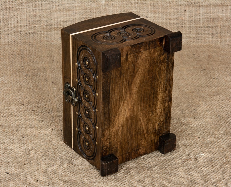 Small wooden jewelry box with hinget lid hand carved from walnut wood
