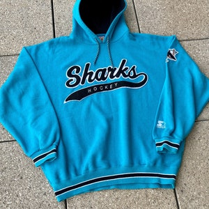 90s San Jose SHARKS Hoodie by STARTER / NHL Ice Hockey / Sharks Spell Out / Hip Hop Vintage / Pockets