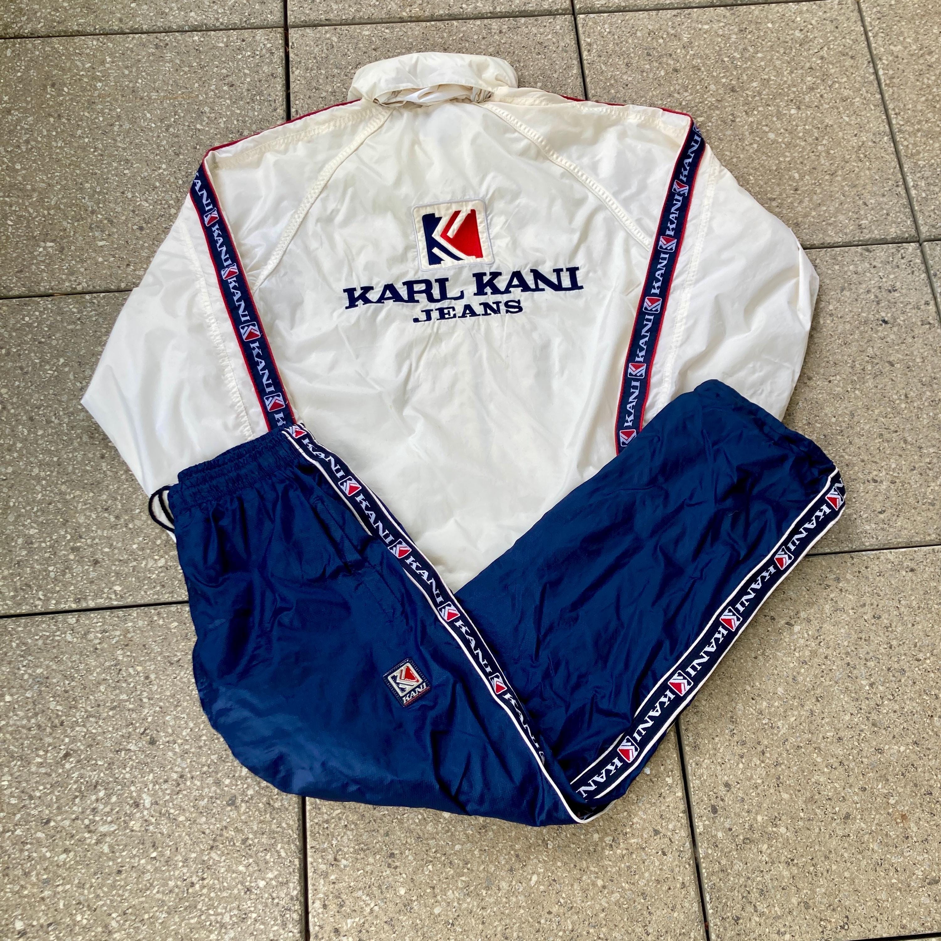 Conjunto de jaqueta e calça de moletom vintage KARL KANI/ corta