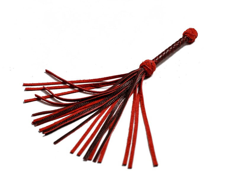 May include: A red and brown leather whip with a braided handle and multiple strands of leather hanging from the end.