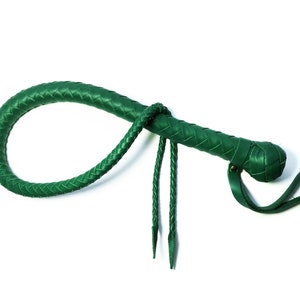 May include: A green leather bullwhip with a braided handle and a loop at the end.