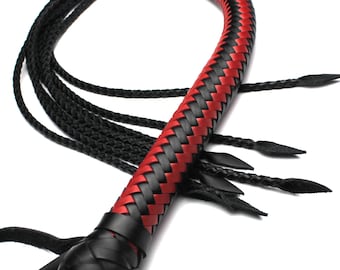 Black Red Flexible Leather Cat Flogger with 7 Tails