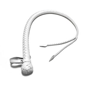 May include: A white leather bullwhip with a braided handle and a loop at the end.