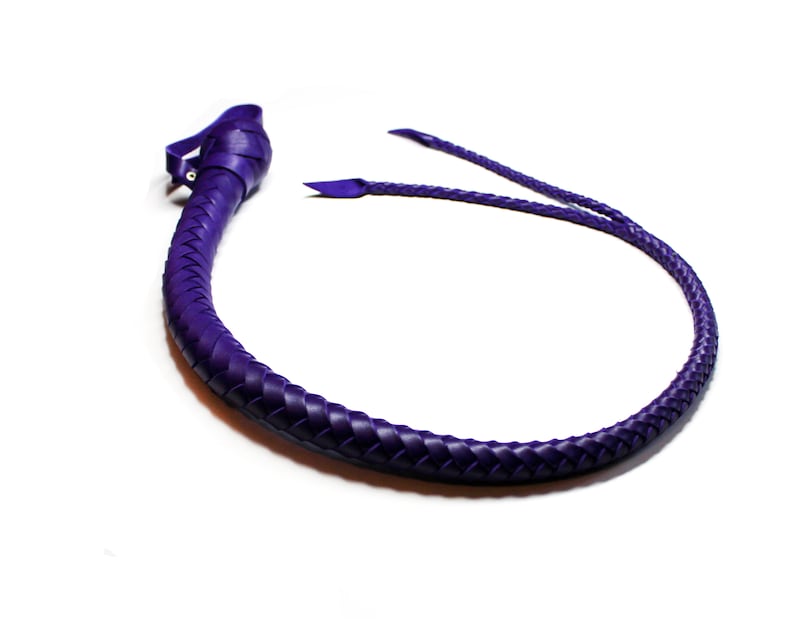 May include: A purple leather whip with a braided design. The whip is coiled in a circle and has a handle at one end.