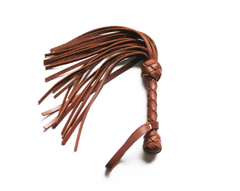 May include: A brown leather whip with a braided handle and a long fringe.