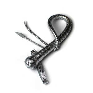 May include: A silver braided leather whip with a knotted handle and a long, thin tail.