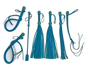 Exclusive Aquamarine BDSM Whips Set with Golden Accents / Floggers and Whips / BDSM Riding Crop / BDSM Whip with Silicone Core