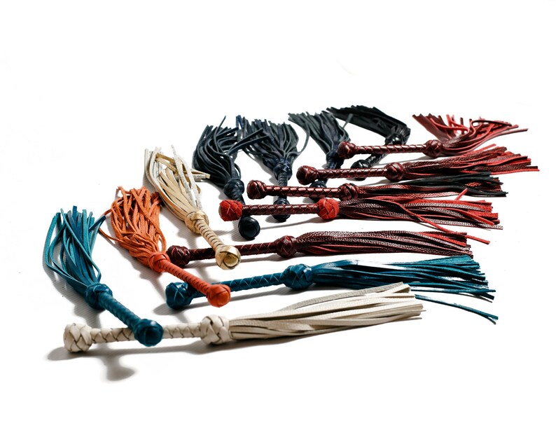 May include: A collection of leather whips with various colored tassels, including teal, orange, white, and burgundy. The whips are arranged in a fan shape on a white background.