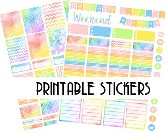 May include: Printable stickers with a rainbow watercolor design. The stickers include a variety of designs, including boxes, to-do lists, and a weekend planner. The stickers are perfect for adding a touch of color and organization to your planner or journal.